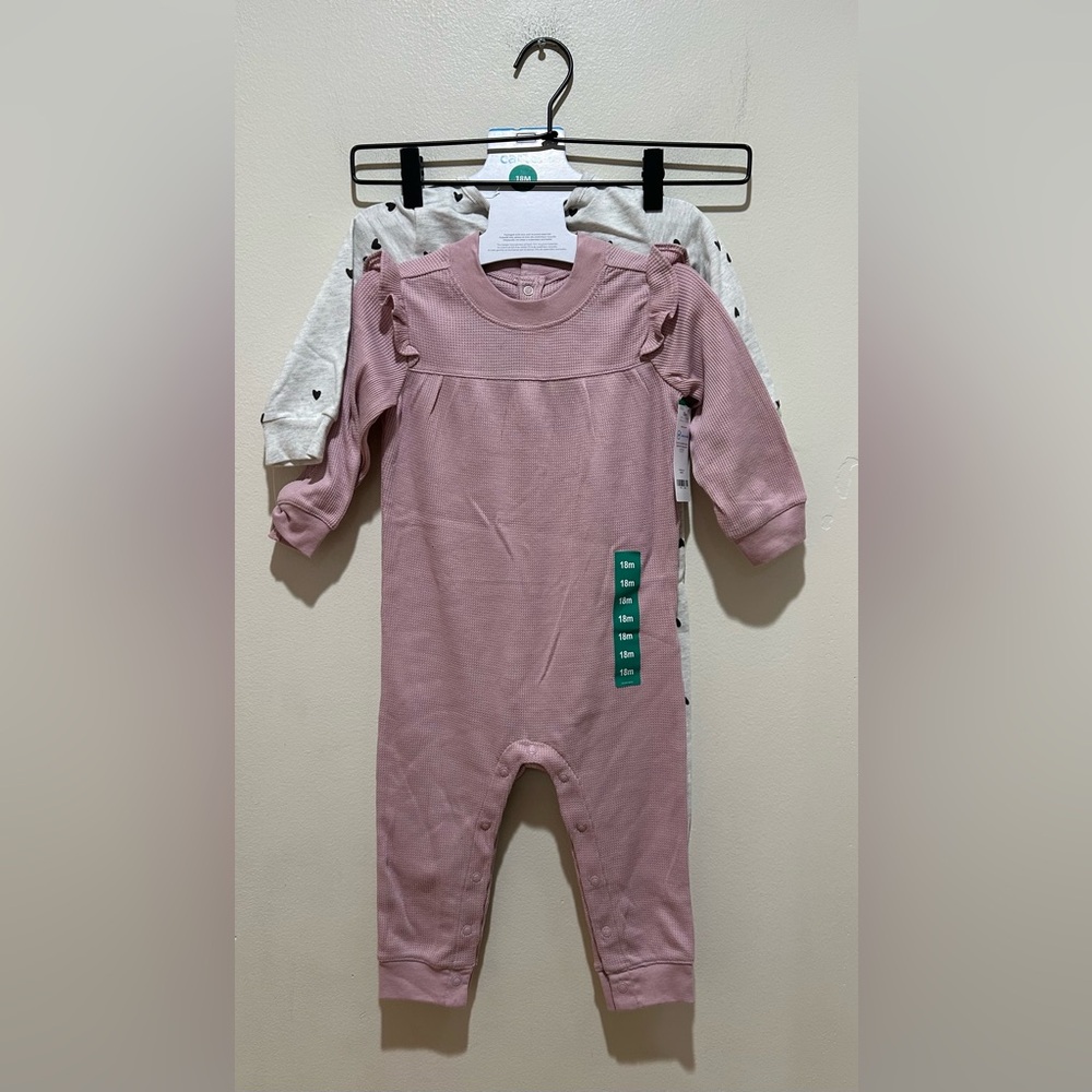 NWT Carter’s 2-pack Pink & Grey Hearts Pants Rompers - Baby Girl Size 18 Month